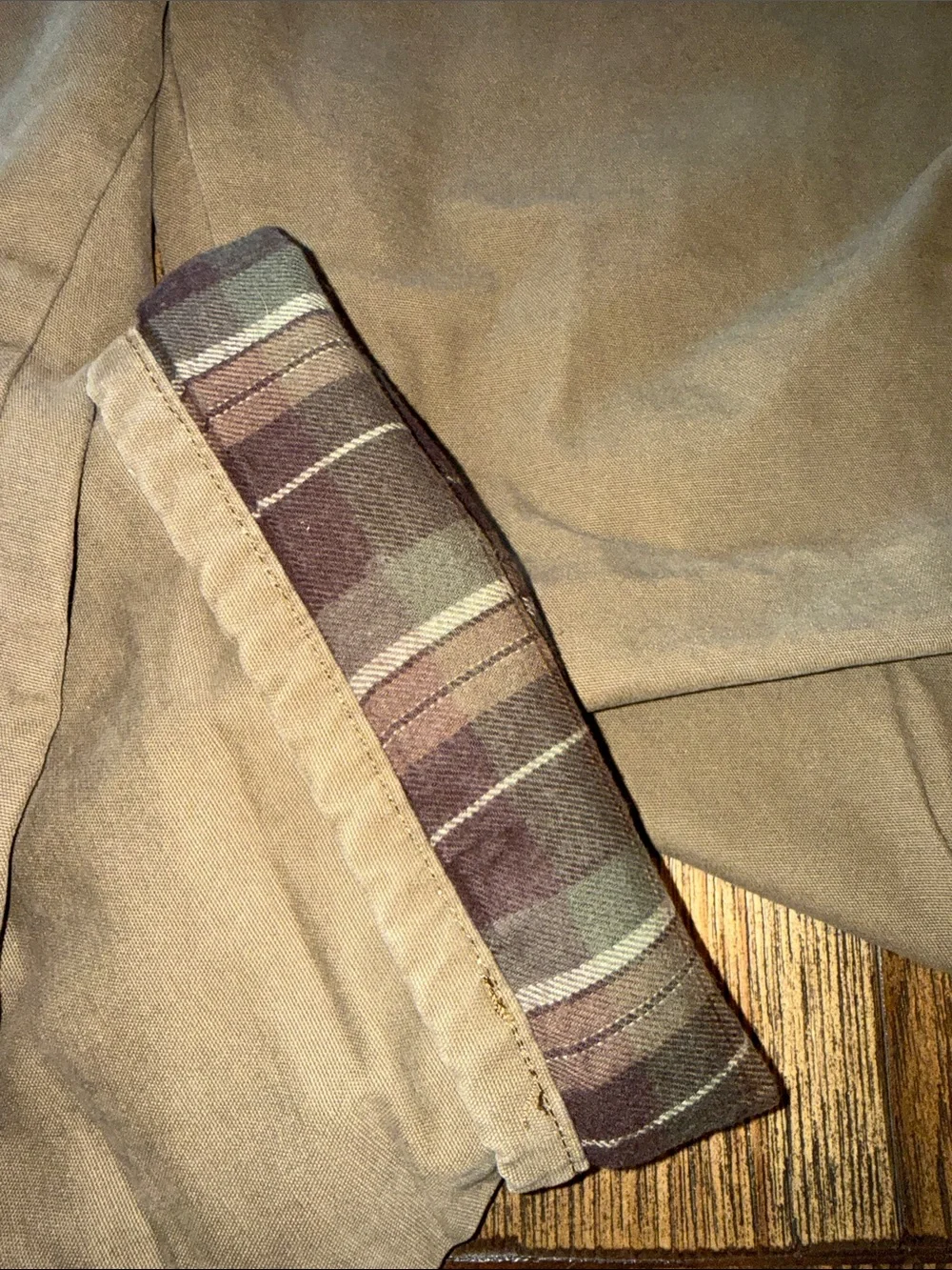 Lee Men's Flannel Lined Tan Relaxed Jeans with Plaid Cuff